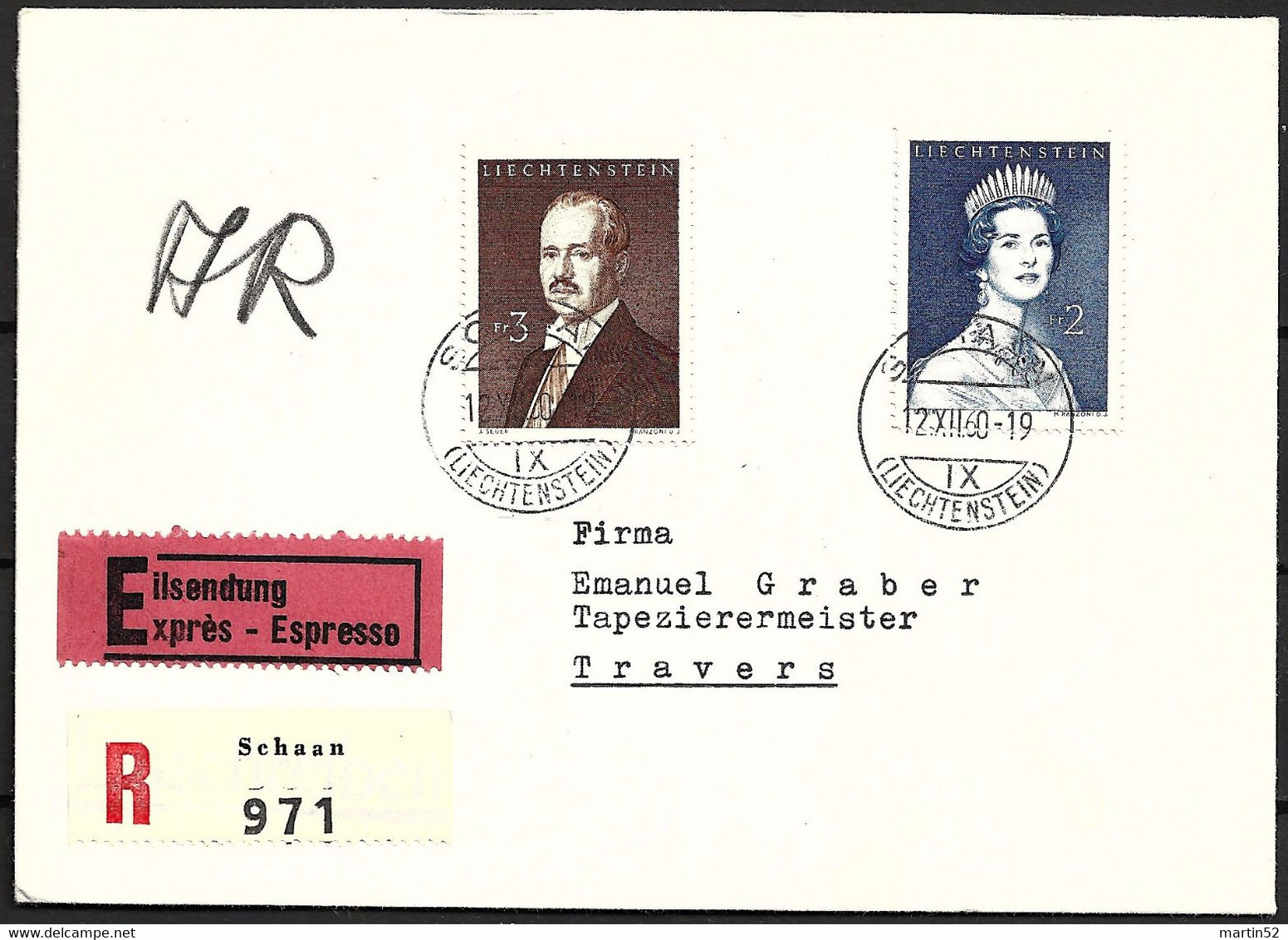 Liechtenstein 1960:  Fürstenpaar Zu 340-341 Mi 402-403 Yv 349 A+B Auf R-Exprès  O SCHAAN 12.XII.60 Nach TRAVERS (NE) - Covers & Documents