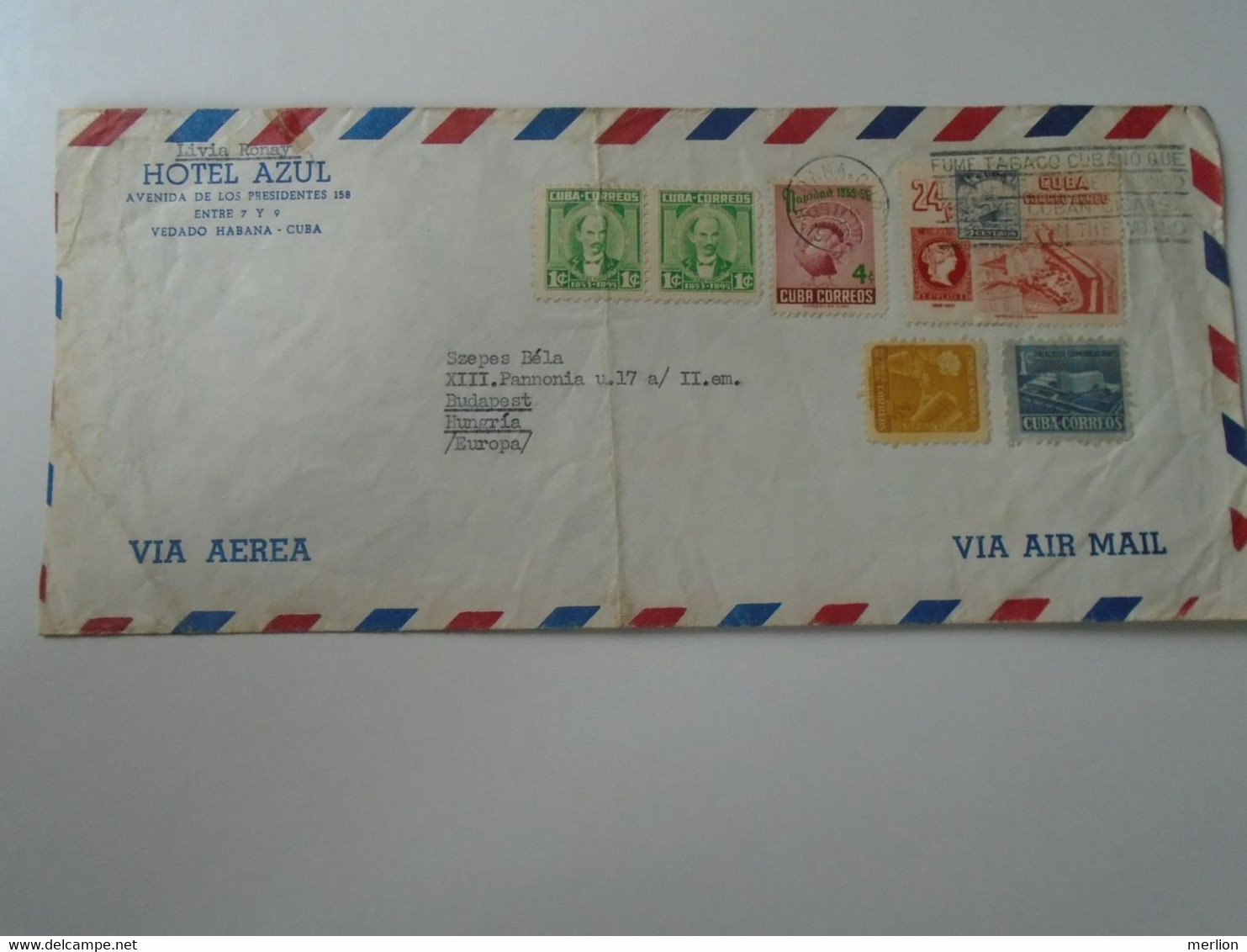 ZA399.18   CUBA   Airmail Cover -  Cancel 1955  Hotel AZUL,  Habana  Livia Ronay    Sent To Hungary - Covers & Documents