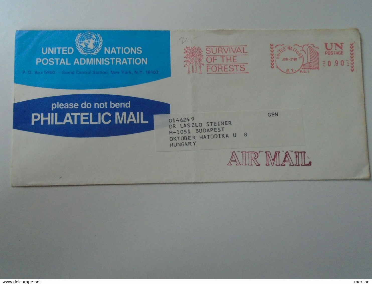 ZA399.27    United Nations - 1988 -  Cover   - Philatelic Mail   -ema Red Meter    Sent To Hungary - Covers & Documents