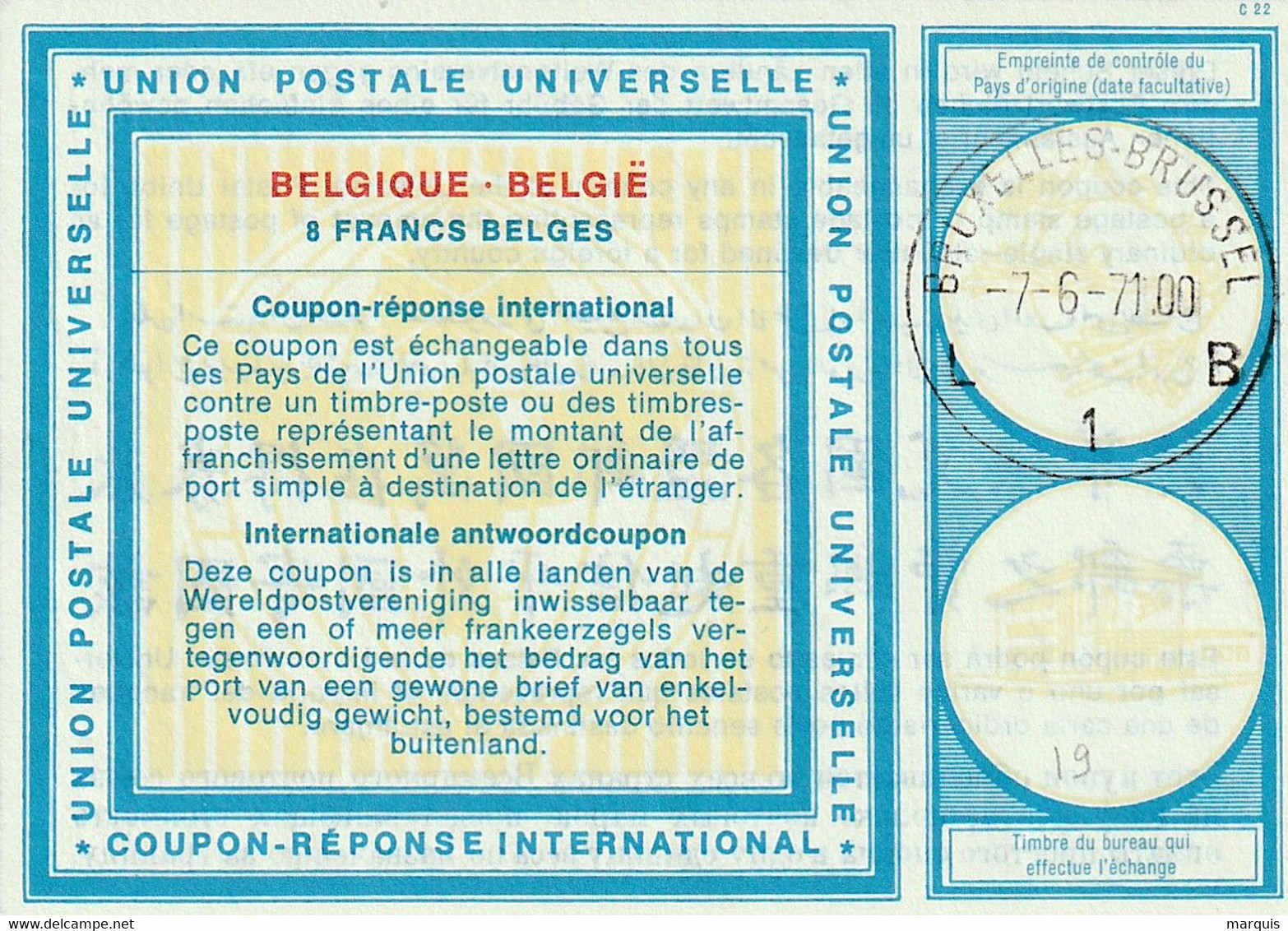 CRI 8 Francs Oblitéré De Bruxelles Type Vienne Vi19 - Buoni Risposta Internazionali (Coupon)