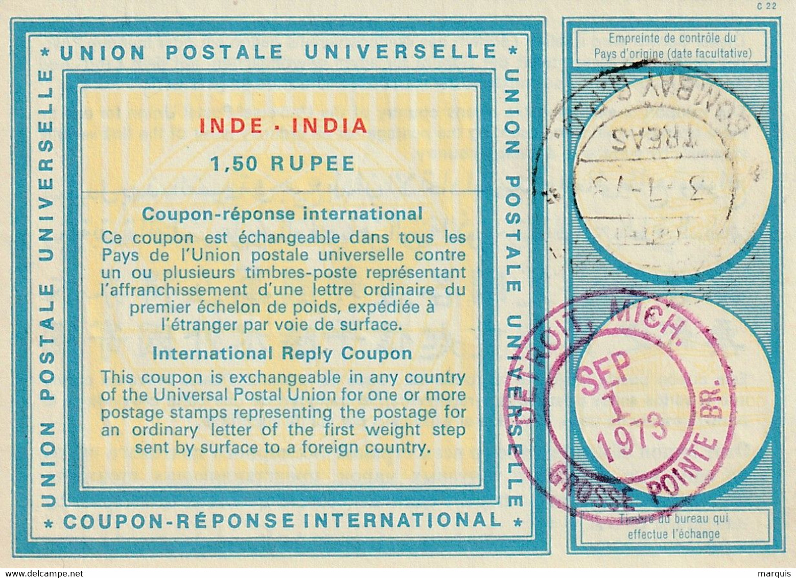 Coupon-réponse International Type Vienne Vi19, Oblitéré De Bombay Pour Detroit - Zonder Classificatie