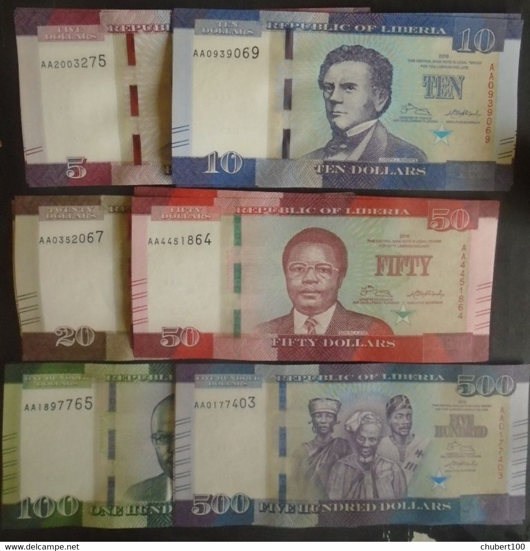 LIBERIA , P 31a + 32a + 33a + 34a + 35a + 36a  ,  5, 10 20 50 100  500 Dollars, 2016 ,  UNC  Neuf , 6 Notes - Liberia