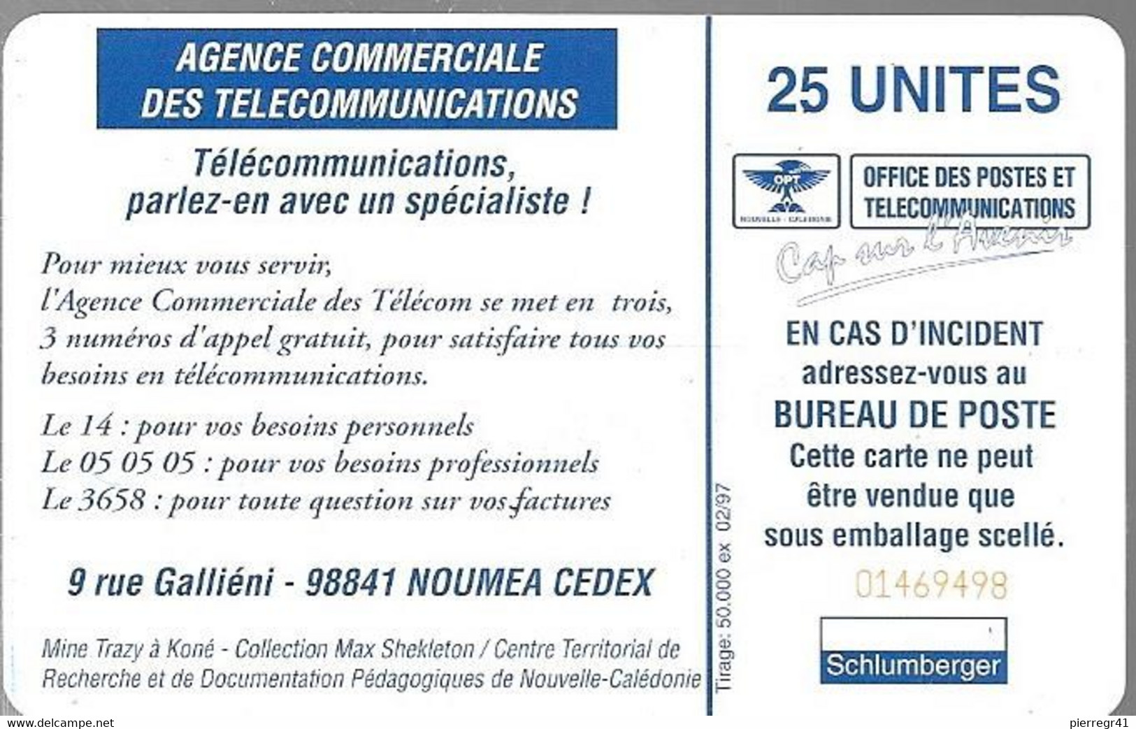 CARTE-PUCE-NOUVELLE-CALEDONIE-25U-SC7-NC47-CARTE POSTAL ANCIENNE-MINES De TRAZY-V°N°Rge 01469498-UTILISE-TBE - Nouvelle-Calédonie