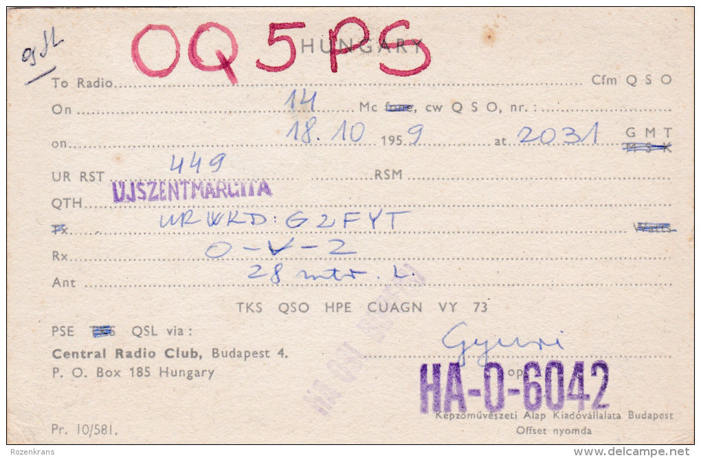 QSL Card Amateur Radio CB 18 October 1959 Budapest Hungary Magyarorszag Transelektro Central Radio Club - Radio Amatoriale