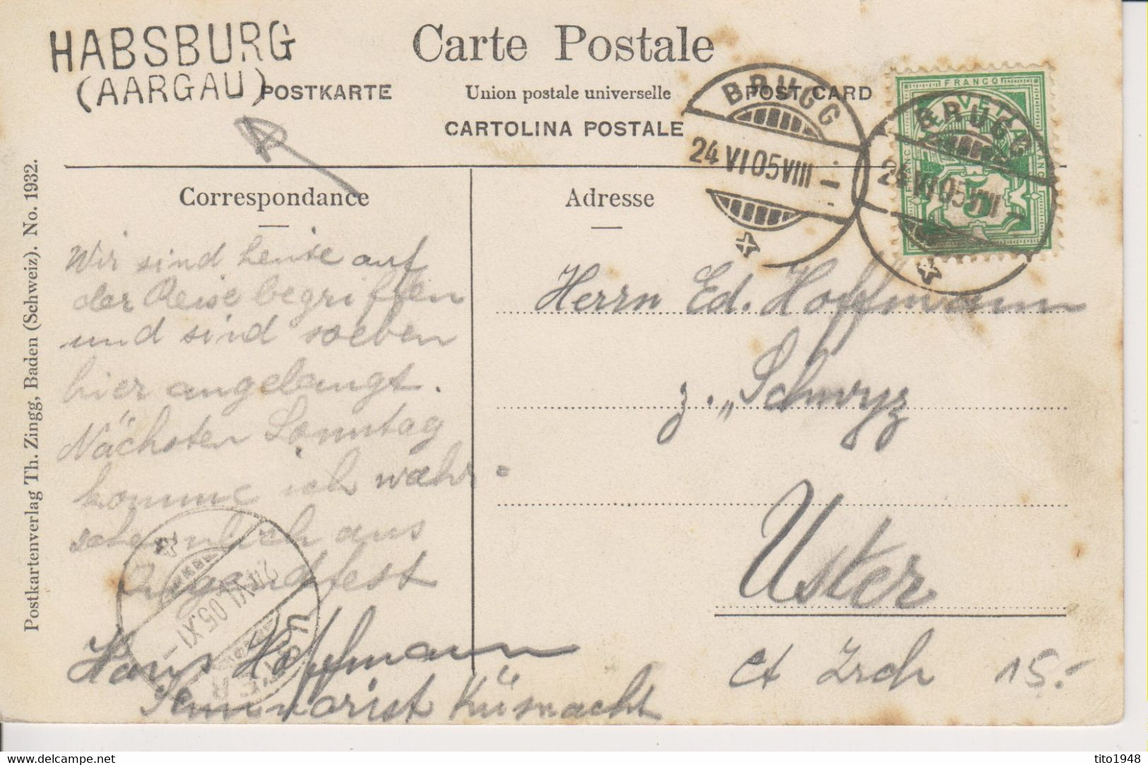 Schweiz, JJ1, 24.6.1905, Postkarte, Habsburg>Brugg>Uster, Siehe Scans! - Brugg