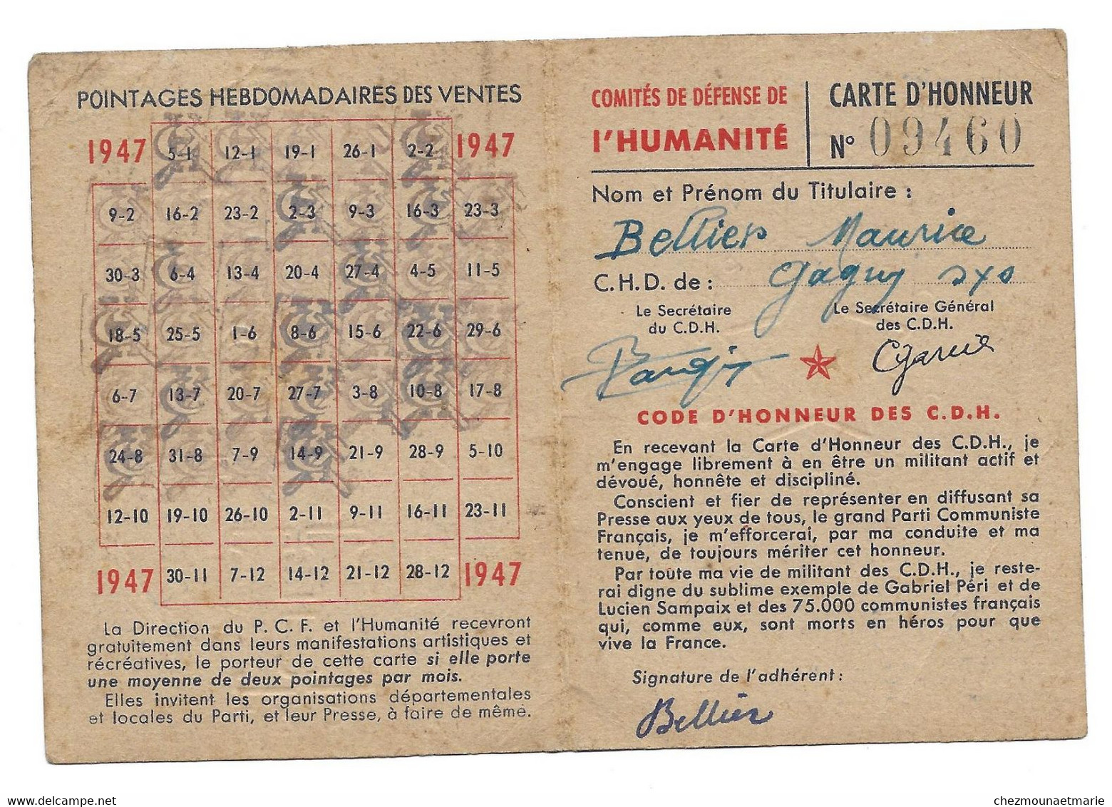 1947 GAGNY COMITES DEFENSE HUMANITE CHD CARTE D HONNEUR BELLIER MAURICE - Historical Documents