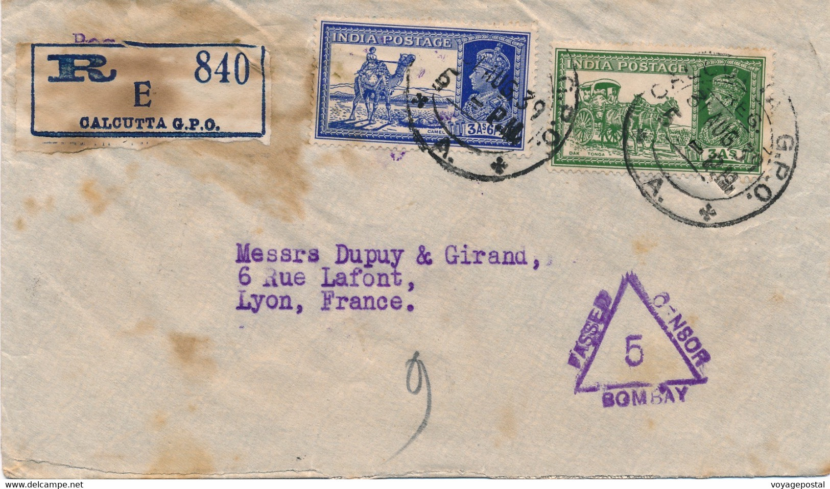 LETTRE RECOMMANDÉE CALCUTTA INDE PASSED CENSOR BOMBAY FRANCE CINDERELLA BANK COVER INDIA - 1936-47  George VI