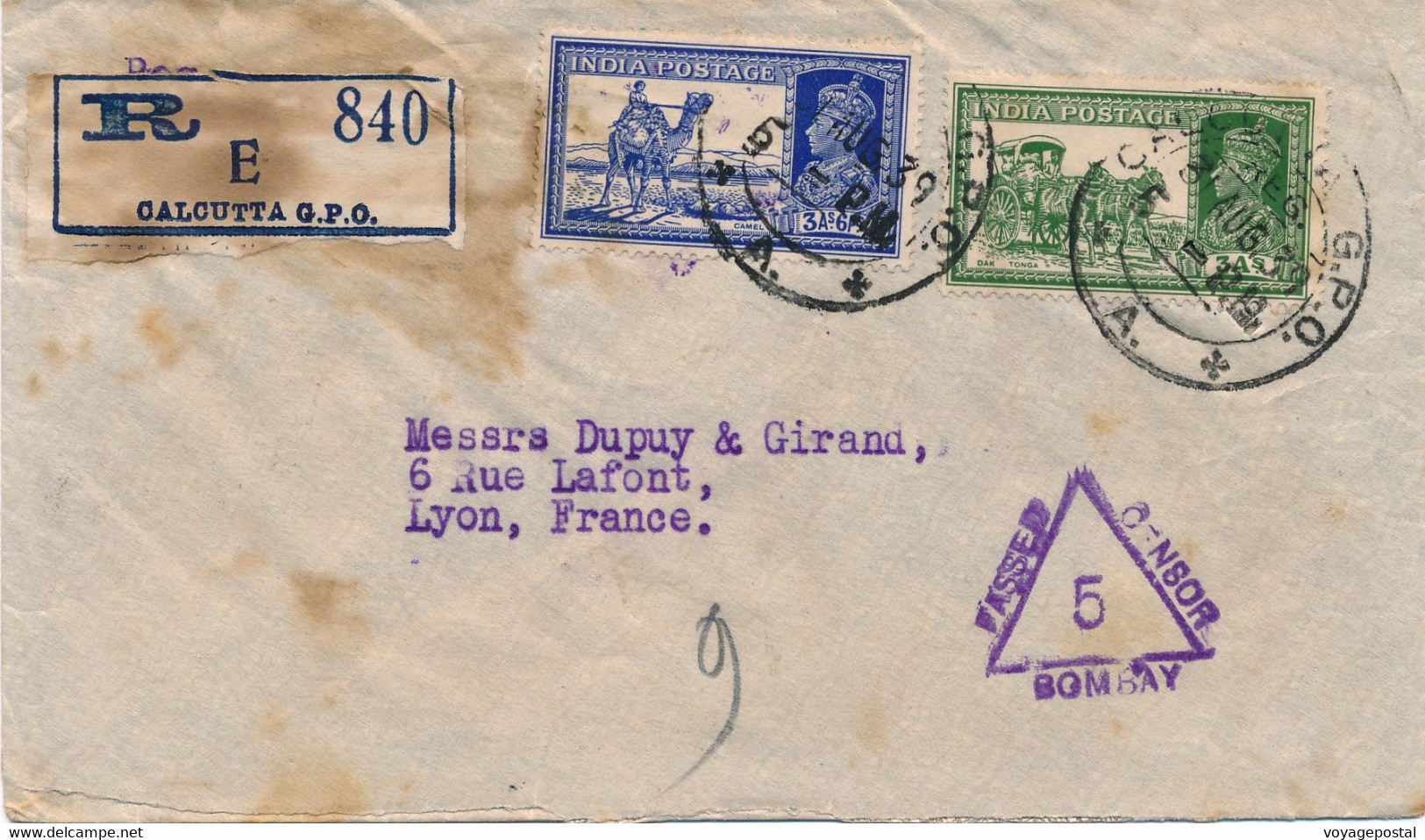 LETTRE RECOMMANDÉE CALCUTTA INDE PASSED CENSOR BOMBAY FRANCE CINDERELLA BANK COVER INDIA - 1936-47 Roi Georges VI