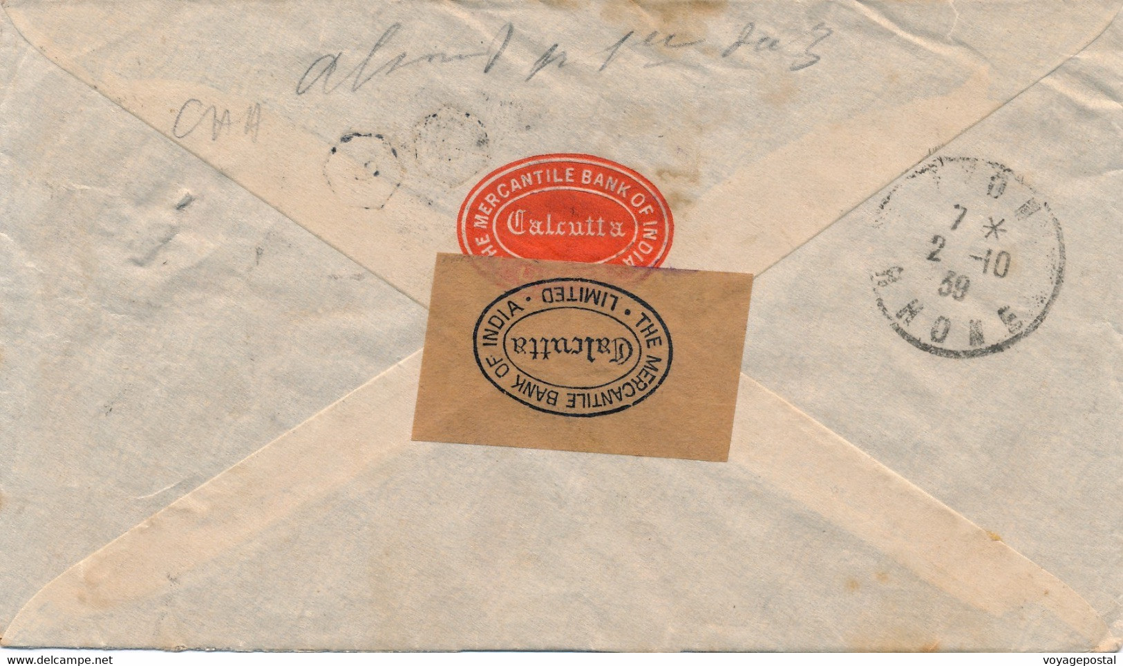 LETTRE RECOMMANDÉE CALCUTTA INDE PASSED CENSOR BOMBAY FRANCE CINDERELLA BANK COVER INDIA - 1936-47 Roi Georges VI