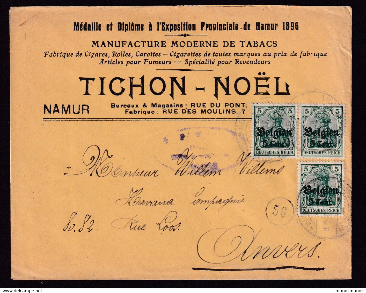 313/38 - TABAC Belgique - Entete Manufacture De Tabacs Tichon-Noel à NAMUR - TP Germania WWI , Censure Dito - Tobacco