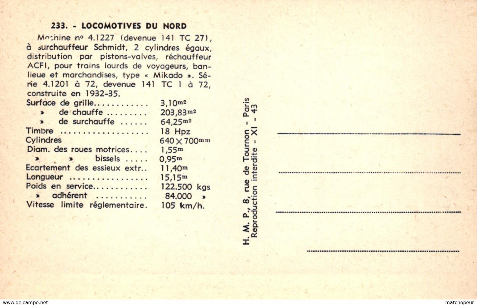 LOCOMOTIVES DU NORD - MACHINE N° 4.1227 - Matériel