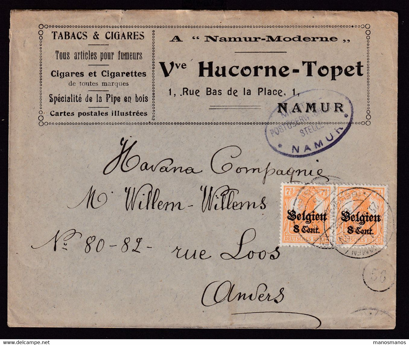 314/38 - TABAC Belgique - Entete Tabacs § Cigares Vve Hucorne-Topet à NAMUR - TP Germania WWI , Censure Dito - Tobacco