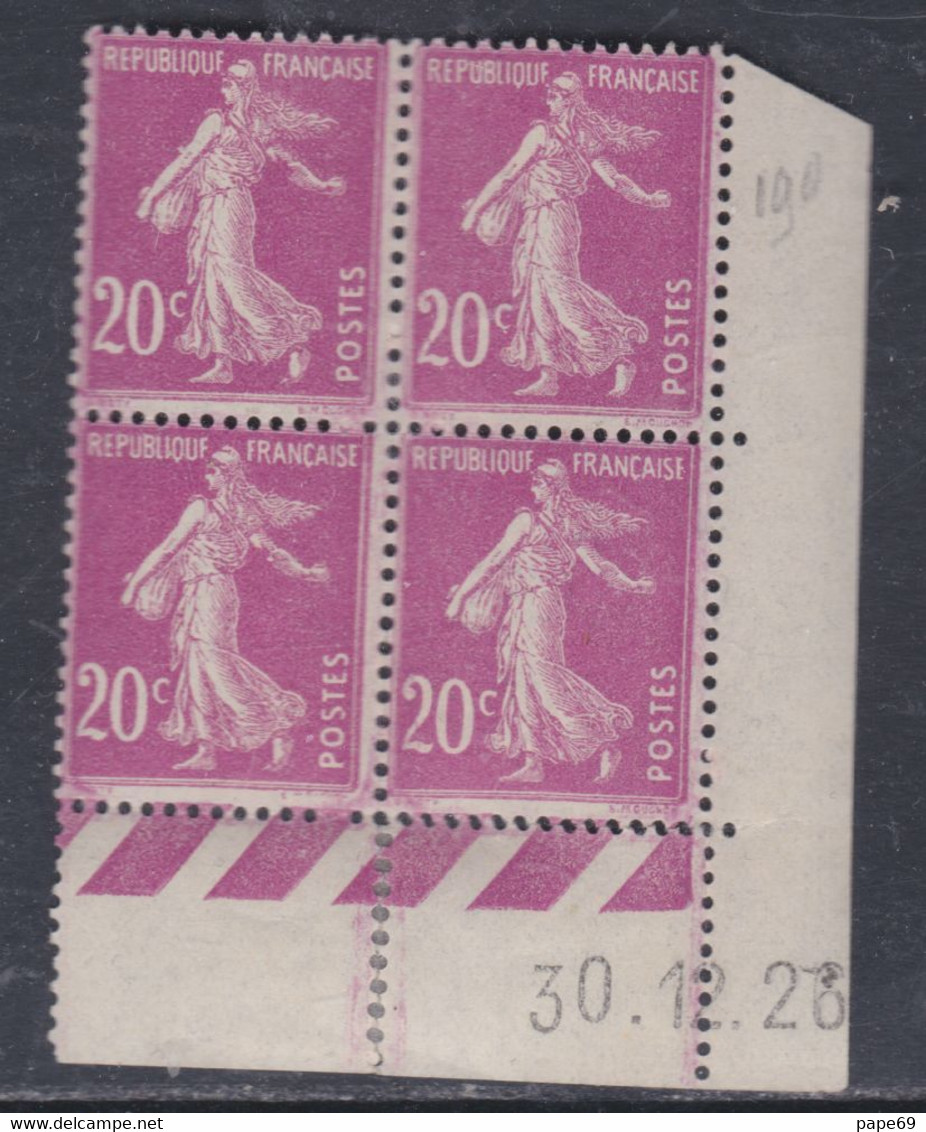 France N° 190 XX  Semeuse : 20 C. Lilas-rose  En Bloc De 4 Coin Daté Du 30 .1 . 26  Sans Point Blanc, Sans Charnière, TB - ....-1929