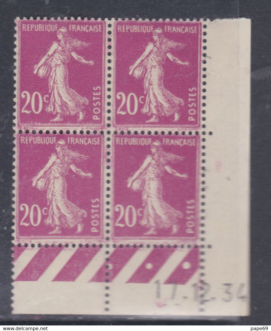 France N° 190 XX  Semeuse : 20 C. Lilas-rose  En Bloc De 4 Coin Daté Du 17 . 12. 34  3 Points Blancs, Sans Charnière, TB - ....-1929