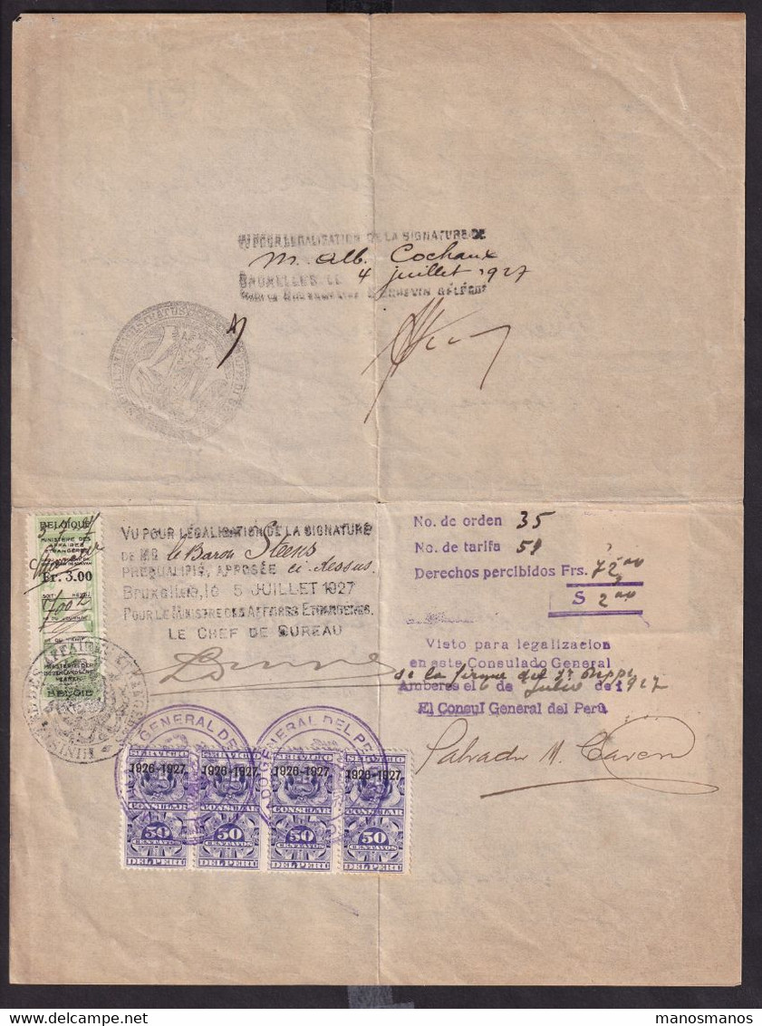 318/38 - Certificat Médical 1927 - 3 Timbres Fiscaux Belges, Dont Affaires Etrangères , Et 4 X Pérou, Consulat D' Anvers - Dokumente