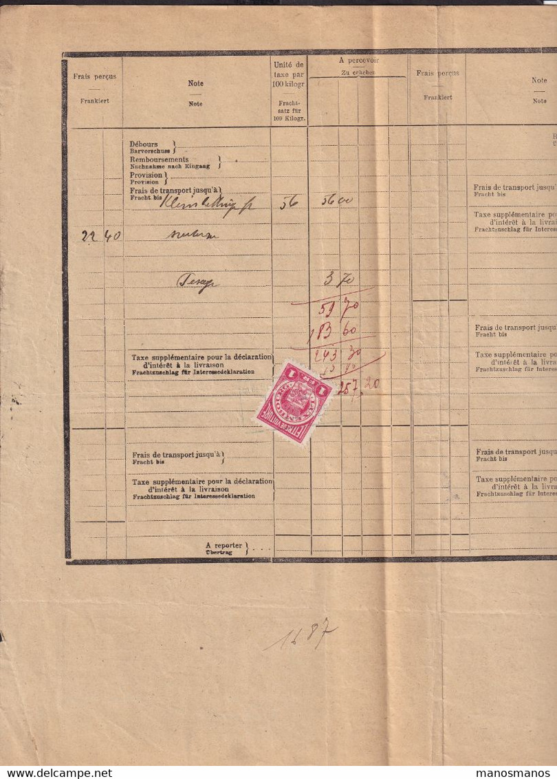 320/38 - Lettre De Voiture LINTGEN 1925 - 1 Timbre Fiscal Cacheté Chemin De Fer Guillaume - Via STERPENICH - Fiscale Zegels