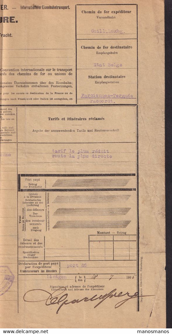 320/38 - Lettre De Voiture LINTGEN 1925 - 1 Timbre Fiscal Cacheté Chemin De Fer Guillaume - Via STERPENICH - Fiscales