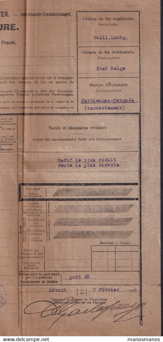 322/38 - Lettre De Voiture MERSCH 1925 - 2 Timbres Fiscaux Cachetés Chemin De Fer Guillaume - Via STERPENICH - Revenue Stamps