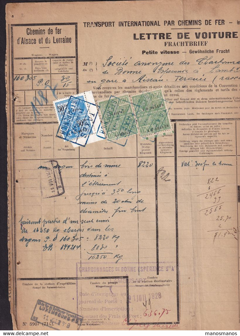323/38 - Lettre De Voiture MERSCH 1928 - 3 Timbres Fiscaux Cachetés Chemin De Fer Guillaume - Via STERPENICH - Steuermarken