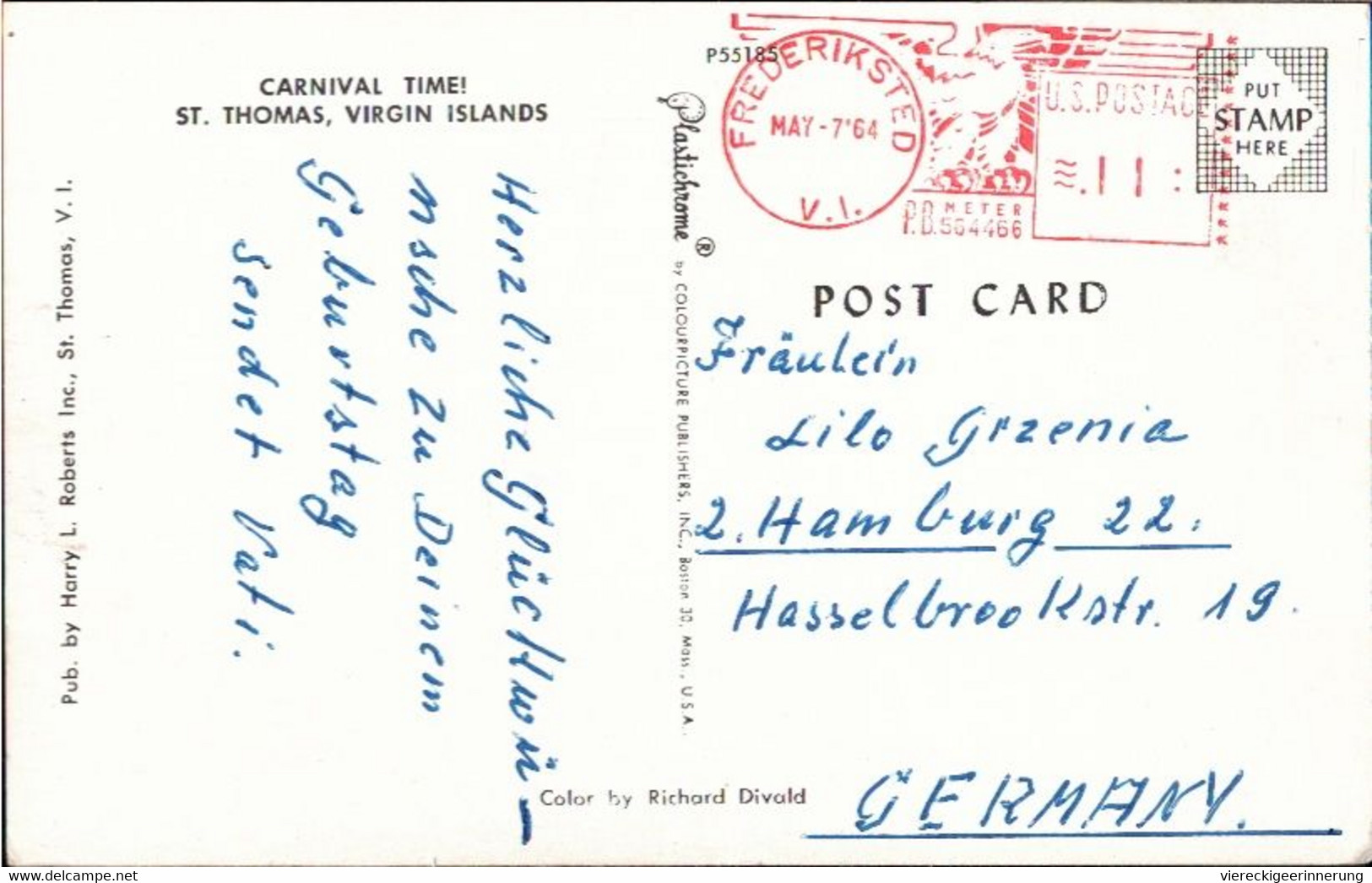 ! Modern Postcard St. Thomas, Virgin Islands, Carnival, Meter Stamp Frederiksted, Black People - Vierges (Iles), Amér.