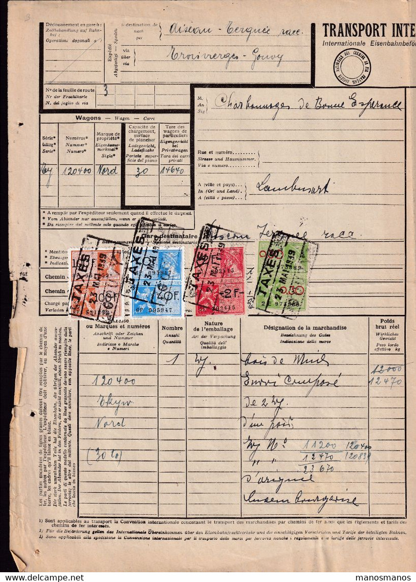 324/38 - Lettre De Voiture DRAUFFELT 1939 - 3 Timbres Fiscaux Cachetés Chemin De Fer Alsace Lorr. - Via STERPENICH - Fiscale Zegels