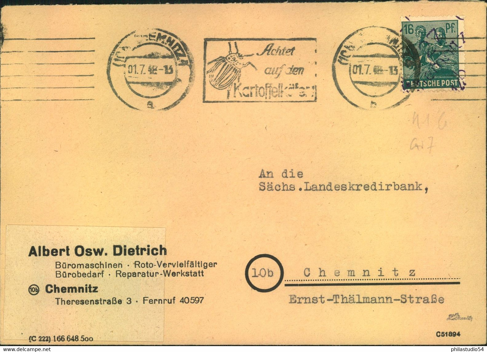 1948, BEZIRKSHANDSTEMPEL, Bezirk "27": Ortsbrief In Chemnitz - Autres & Non Classés