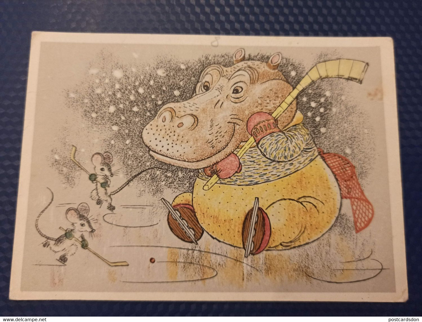 Old USSR Postcard HIPPO PLAYING HOCKEY WITH MICE - 1966 - Hipopótamos
