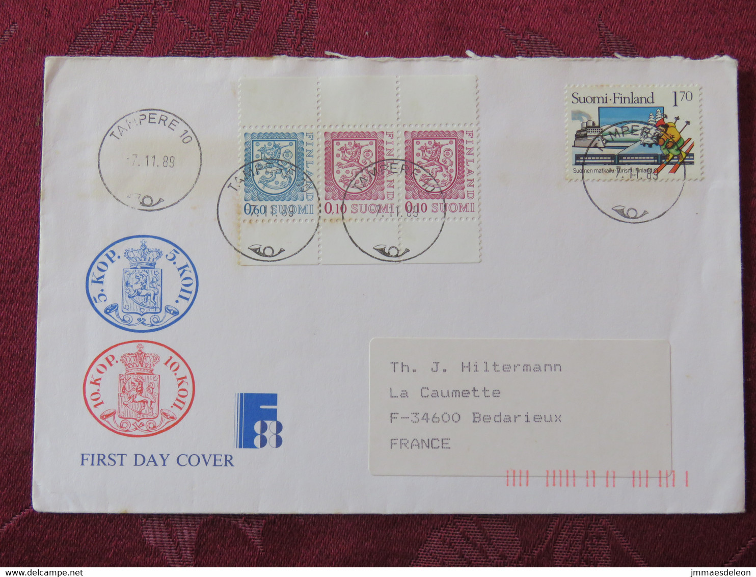 Finland 1989 FDC Cover To France - Nordic Cooperation - Lions Arms From Booklet - Ski - Ship - Brieven En Documenten