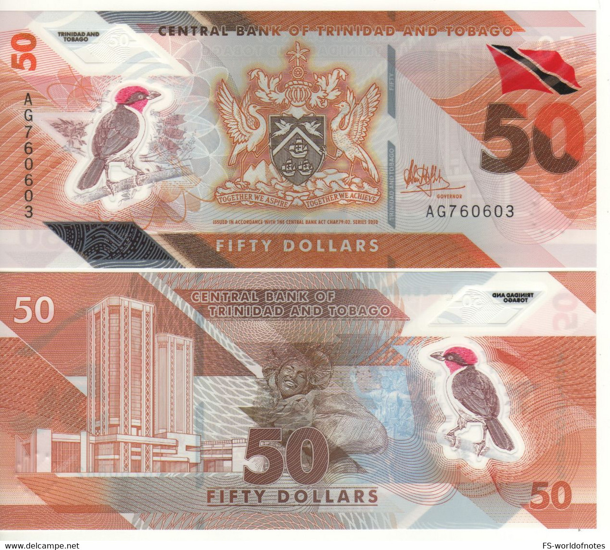TRINIDAD & TOBAGO  New 50 Dollars (  Polimer )  PW64  2020 "Red Cardinal Bird + Central Bank & Dancer At Back " - Trinidad Y Tobago