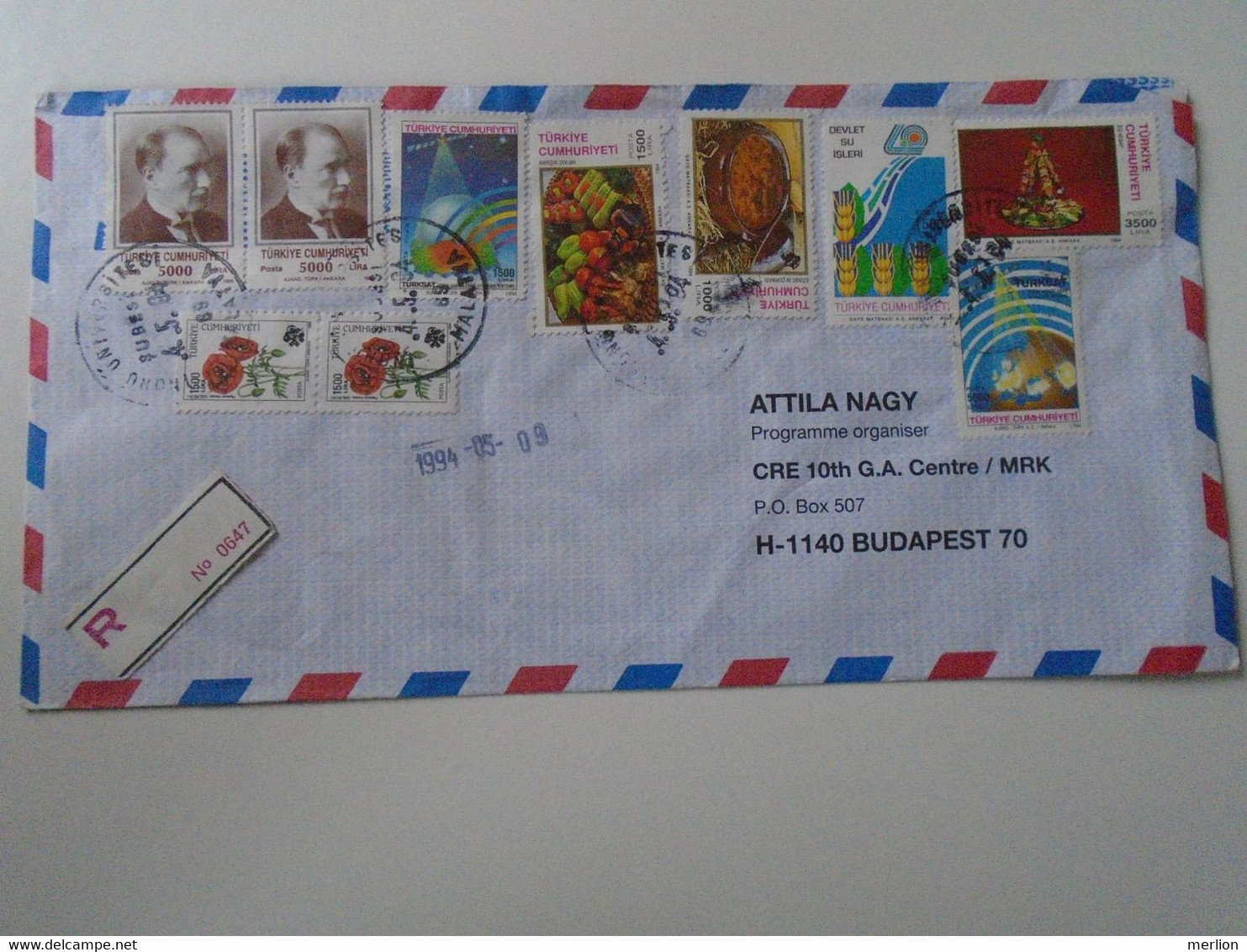 ZA400.7  Türkiye  Registered Airmail Cover  1994 Malatya - Sent To Hungary - Covers & Documents