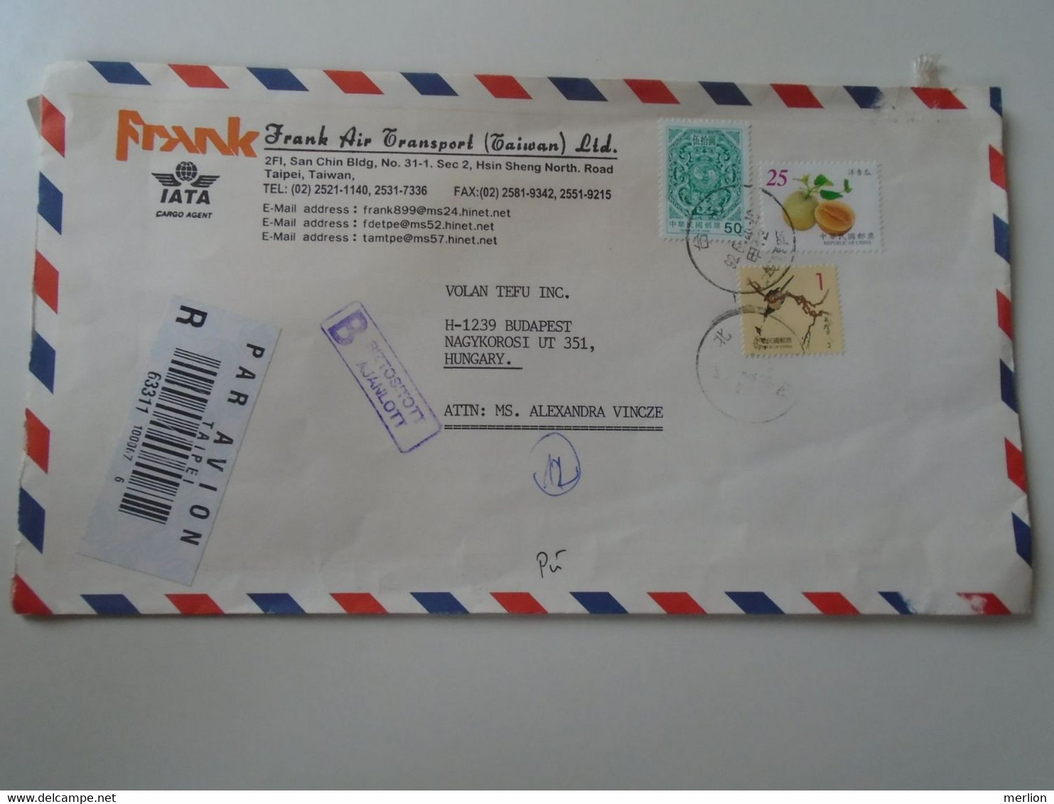 ZA400.8   TAIWAN  - Frank Air Transport - Registered Insured Airmail  Letter Cover Ca 1990 - Sent To Hungary - Cartas & Documentos