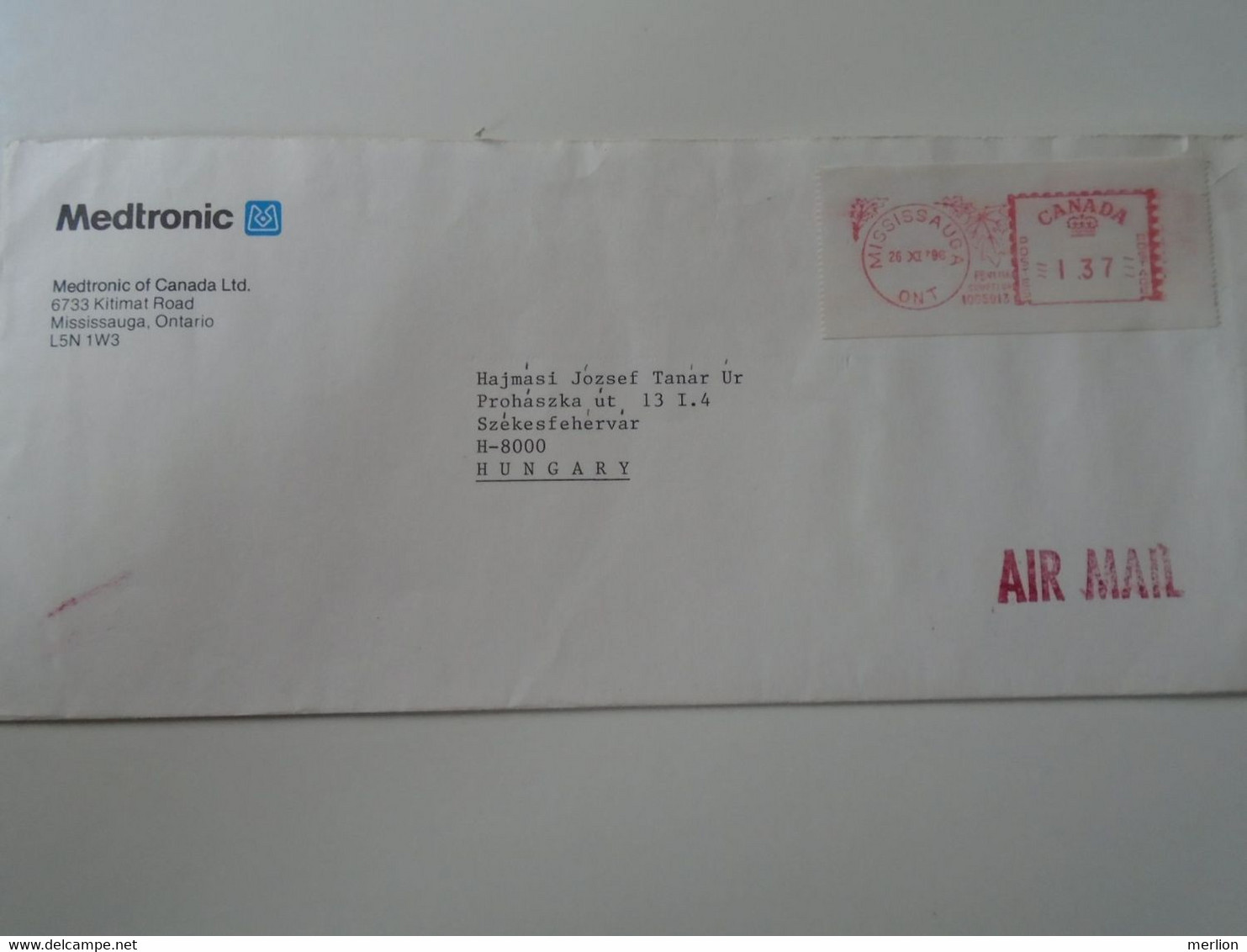 ZA400.9    Canada  Airmail Cover Cancel 1996 Missisauga, Ontario - Medtronic - EMA - Red Meter  - Sent To Hungary - Frankeervignetten (ATM) - Stic'n'Tic