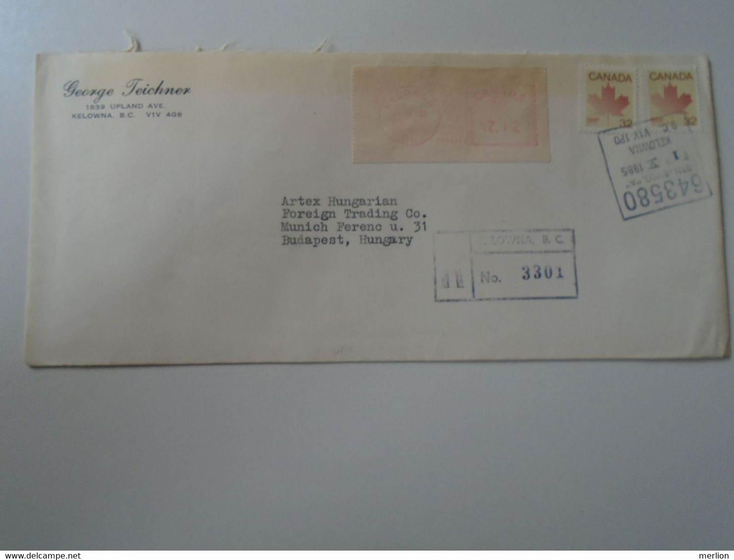 ZA400.11 Canada  Uprated Registered Cover Cancel 1985 KELOWNA, BC   - Sent To Hungary - Lettres & Documents