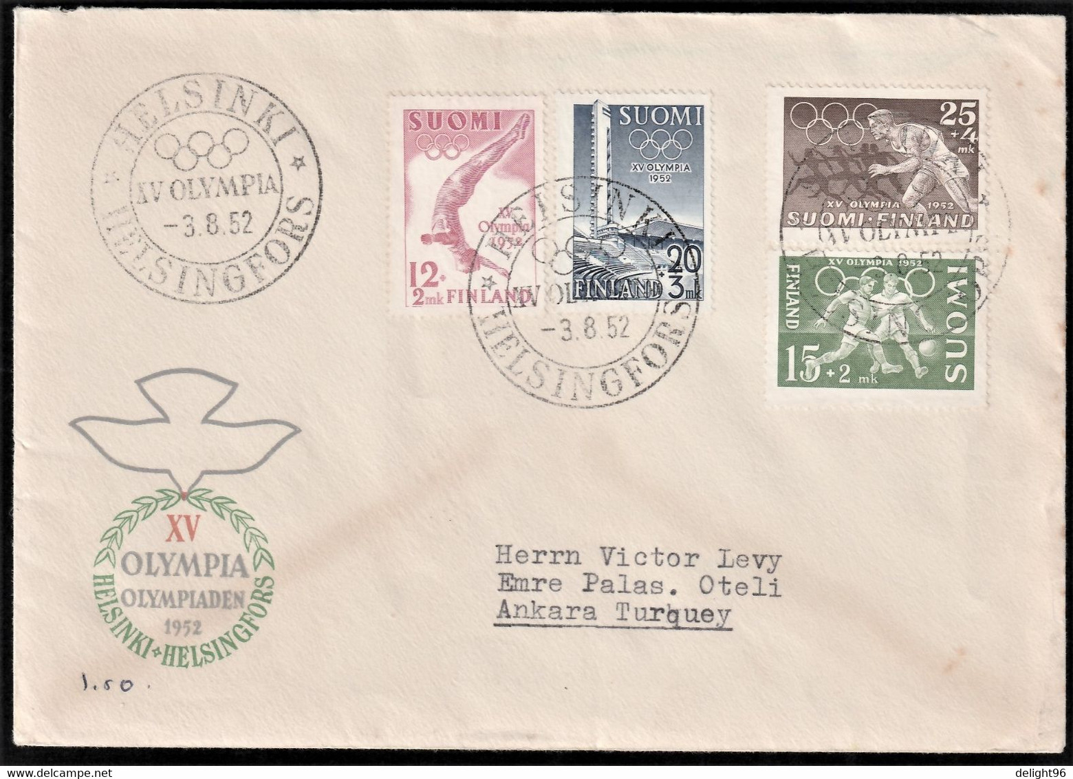 1952 Finland Summer Olympic Games In Helsinki Closing Day Commemorative Cancellation - Sommer 1952: Helsinki