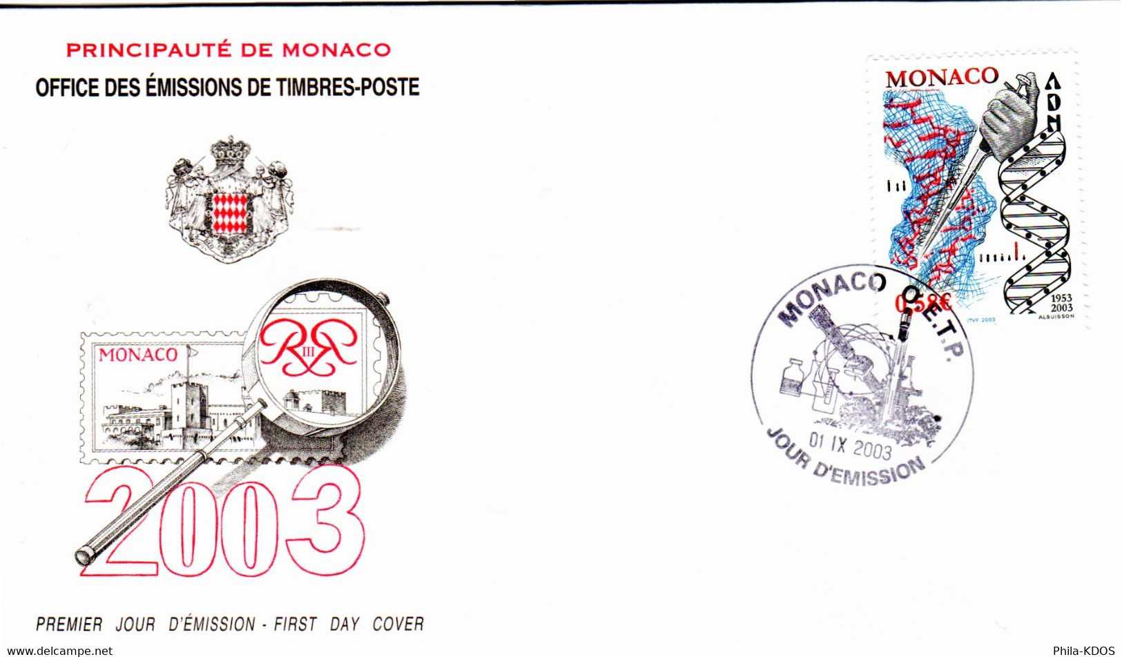 " 50 ANS DE LA DECOUVERTE DE L'ADN " Sur Enveloppe 1er Jour De MONACO De 2003 N° YT 2405. Parfait état FDC - Pharmacy