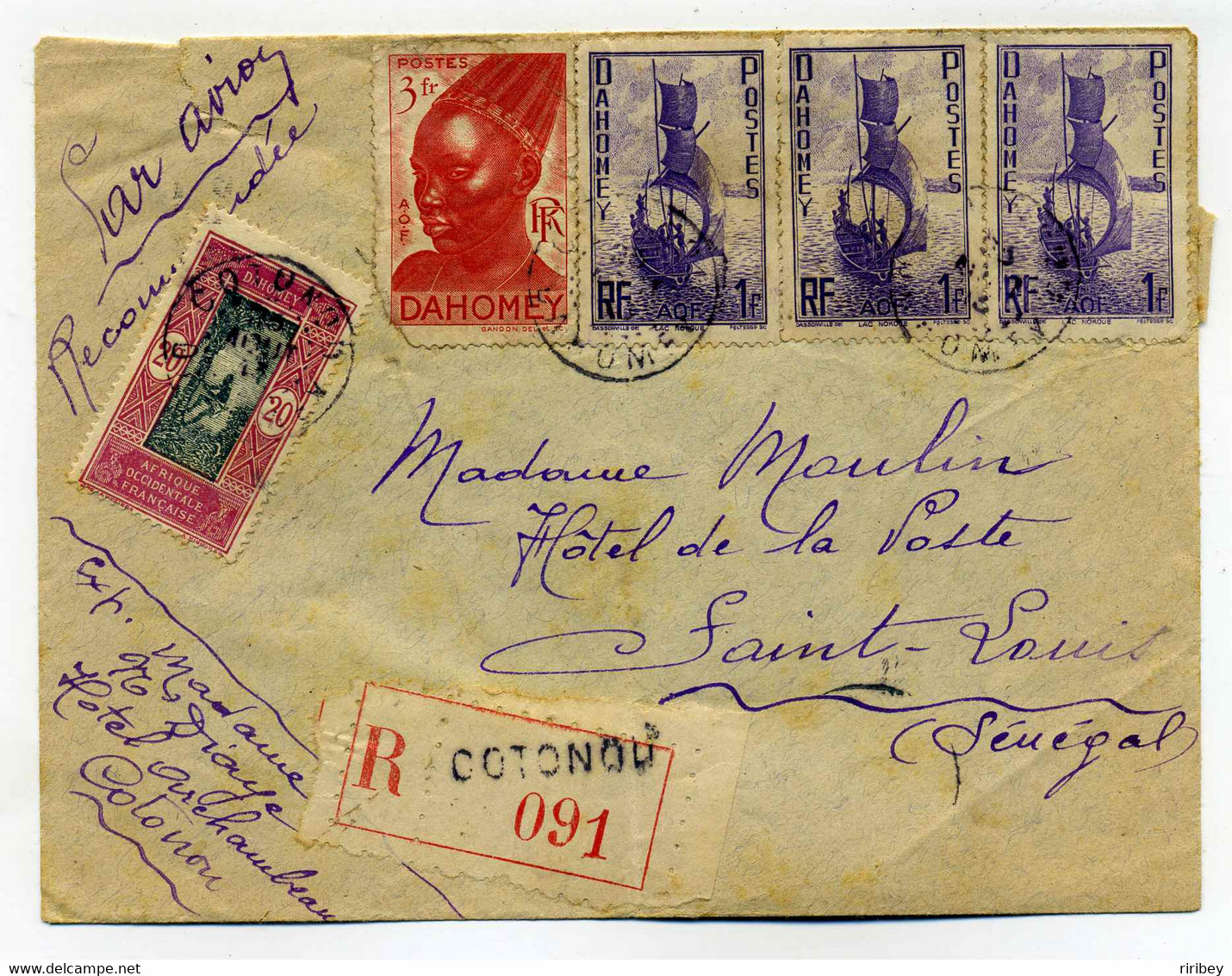 Lettre De COTONOU Par Avion En Recommandé Pour Saint Louis ( Sénégal ) / Aff Multiples / 1843 - Lettres & Documents