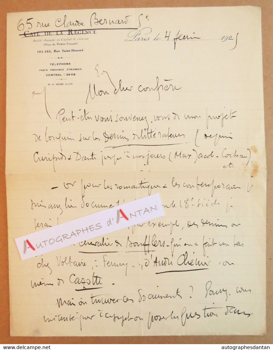 ● L.A.S 1925 Edouard DEVERIN écrivain Illustrateur - Cocteau Boufflers Voltaire Ferney - Café Régence Lettre Autographe - Schilders & Beeldhouwers