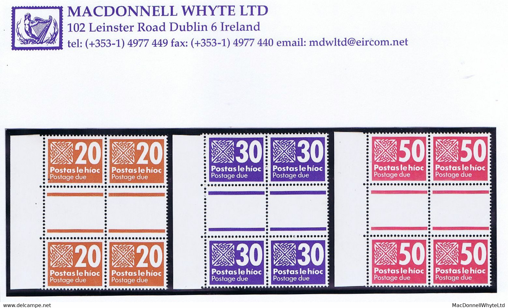 Ireland Postage Due 1985 Supplementary Values, 20p, 30p, 50p, Marginal Gutter Blocks Of Four Mint Unmounted - Postage Due