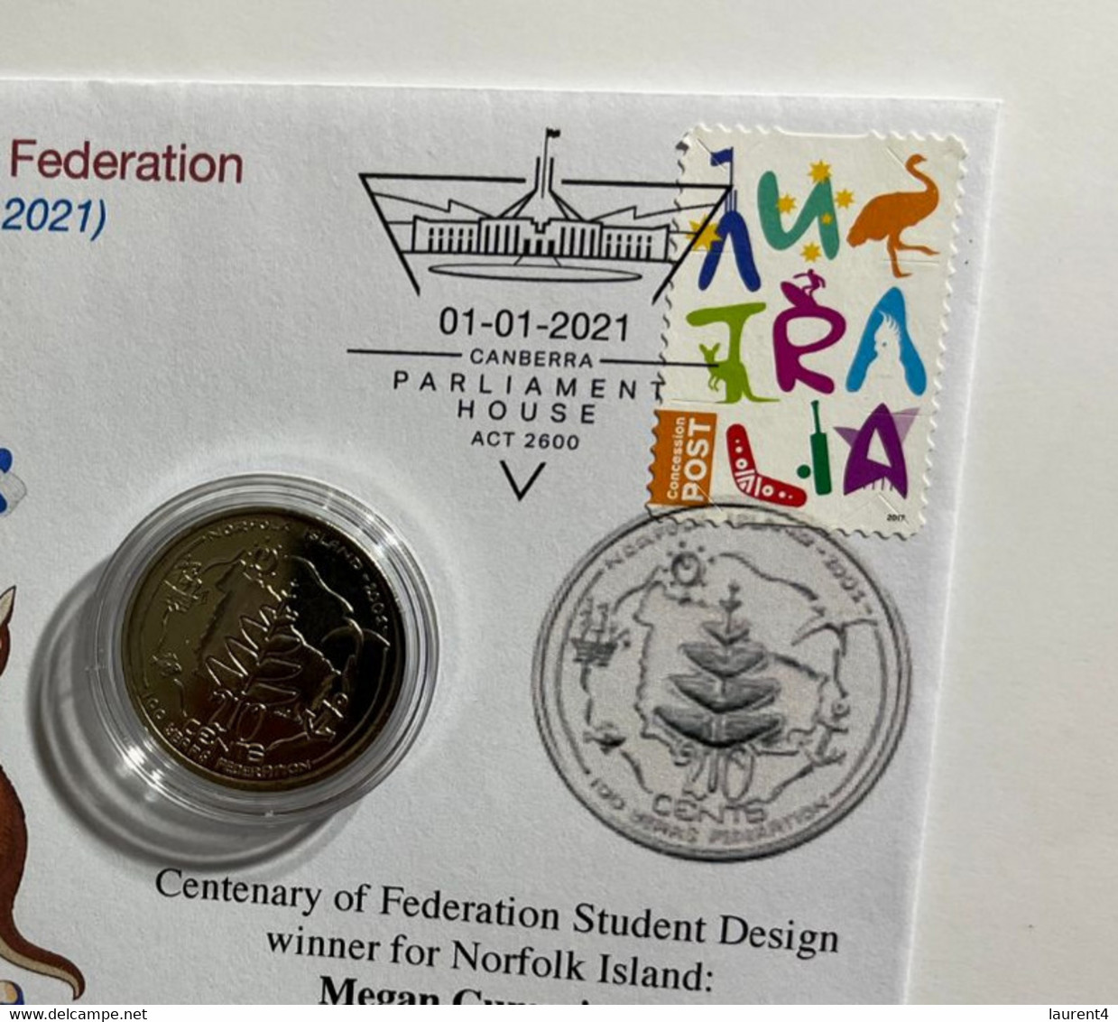 (1 N 13) 20 Cent "Scarce" Coin - 20th Anniversary - Norfolk Island - Centenary Of Federation Coin (20th Anni. Cover) - 20 Cents