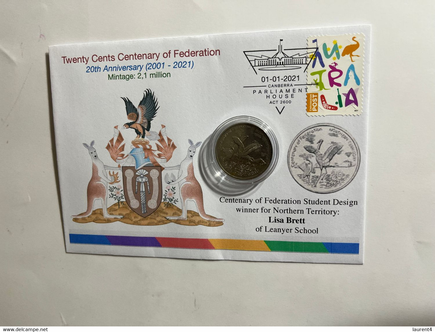 (1 N 13) 20 Cent "Scarce" Coin - 20th Anniversary - Northern Territory - Centenary Of Federation Coin (20th Anni. Cover) - 20 Cents