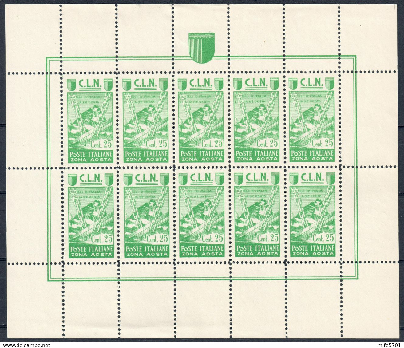 C.L.N. AOSTA 1944 RISTAMPA 8 FOGLIETTI DA C. 25/50 + L. 1/2/5/10/25 + ESPRESSO L. 2,50 NUOVI SENZA GOMMA - SASSONE 9/16 - Nationales Befreiungskomitee