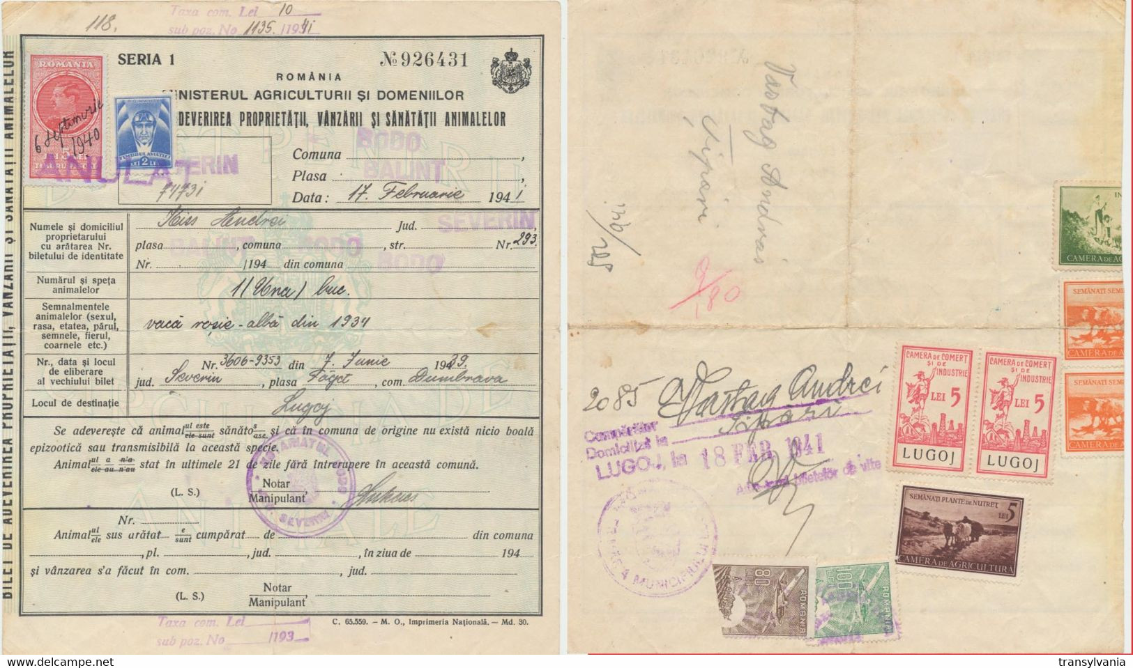 Romania 1941 Lugoj Animals Trade Document With 2x 5 Lei County Commerce Chamber Revenue Stamps - Fiscali