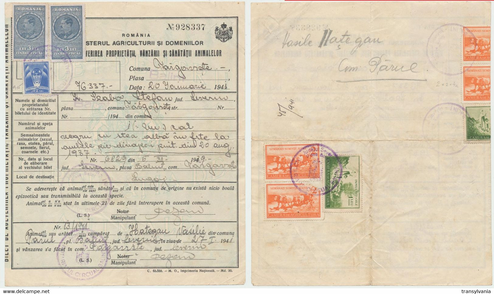 Romania 1941 Lugoj Animals Trade Document With 3 Chamber Of Agriculture Revenue Stamps To Reverse - Fiscales