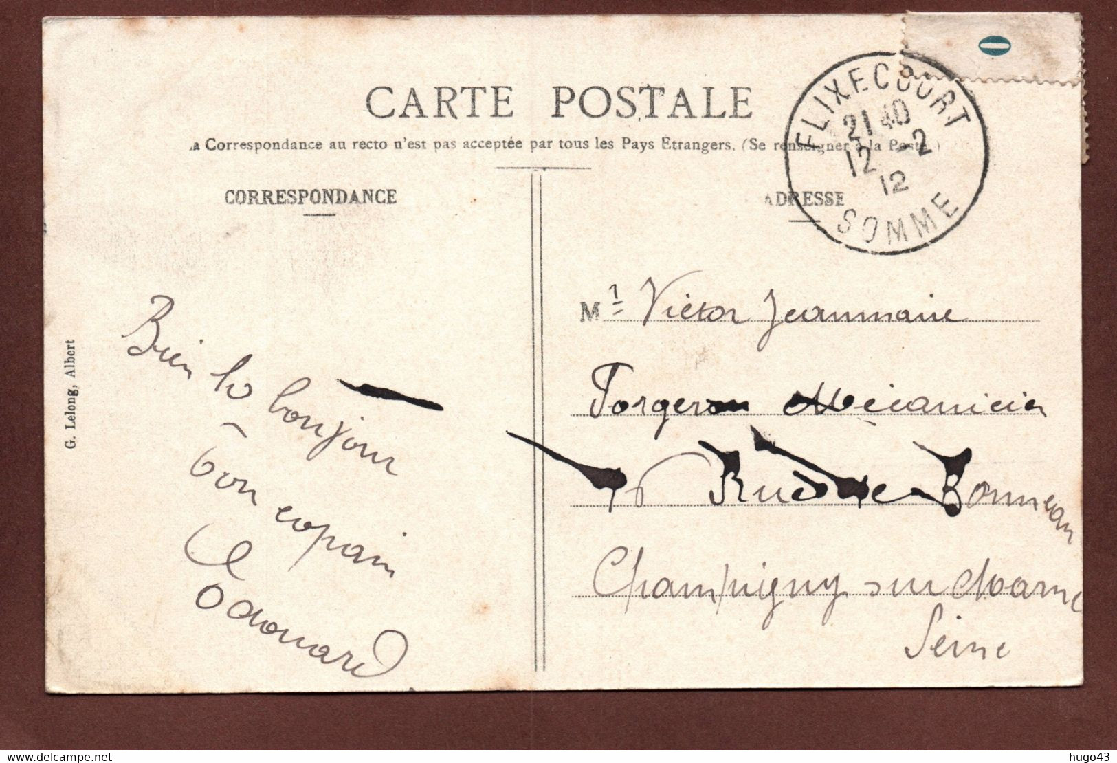 (RECTO / VERSO) FLIXECOURT EN 1912 - LE CHATEAU VU DE FACE - BEAU CACHET - CPA - Flixecourt