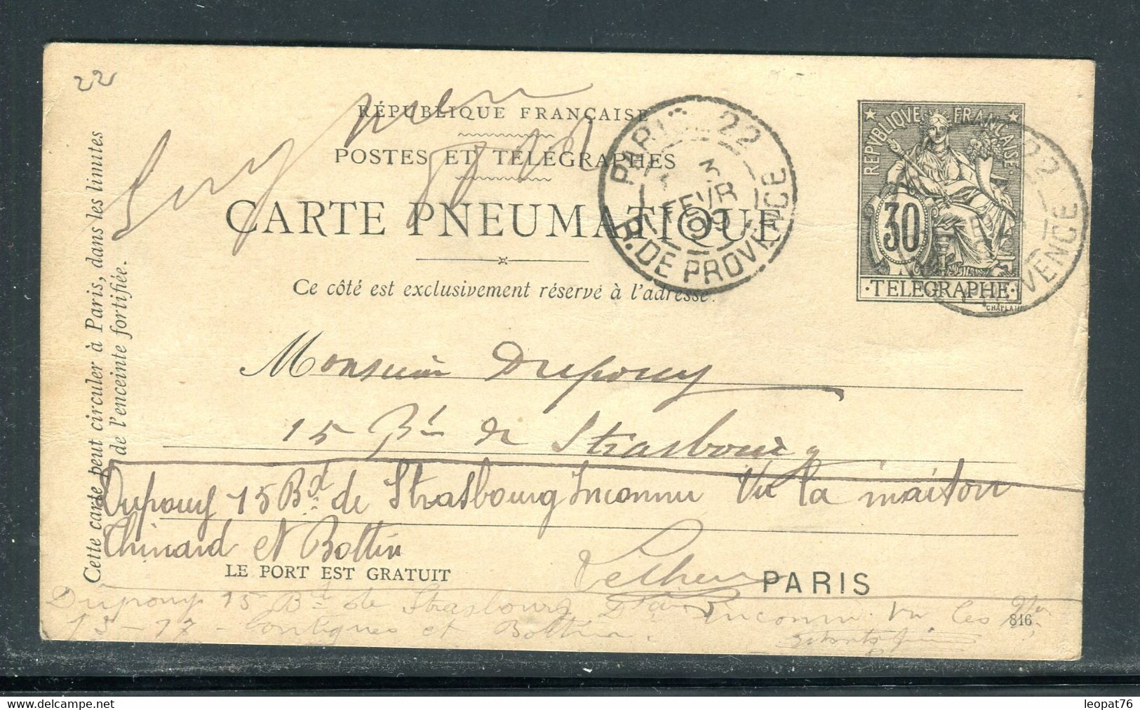 Entier Pneumatique De Paris Pour Paris En 1899 - D 252 - Rohrpost