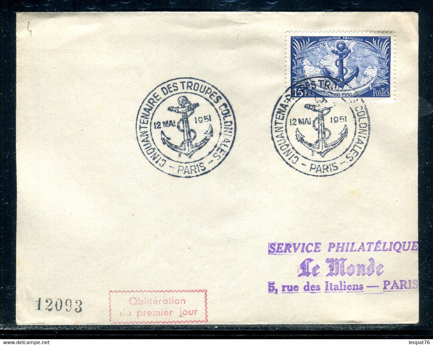 Oblitération FDC En 1951 Sur Enveloppe Non Illustrée - Troupes Coloniales  - D 261 - 1950-1959