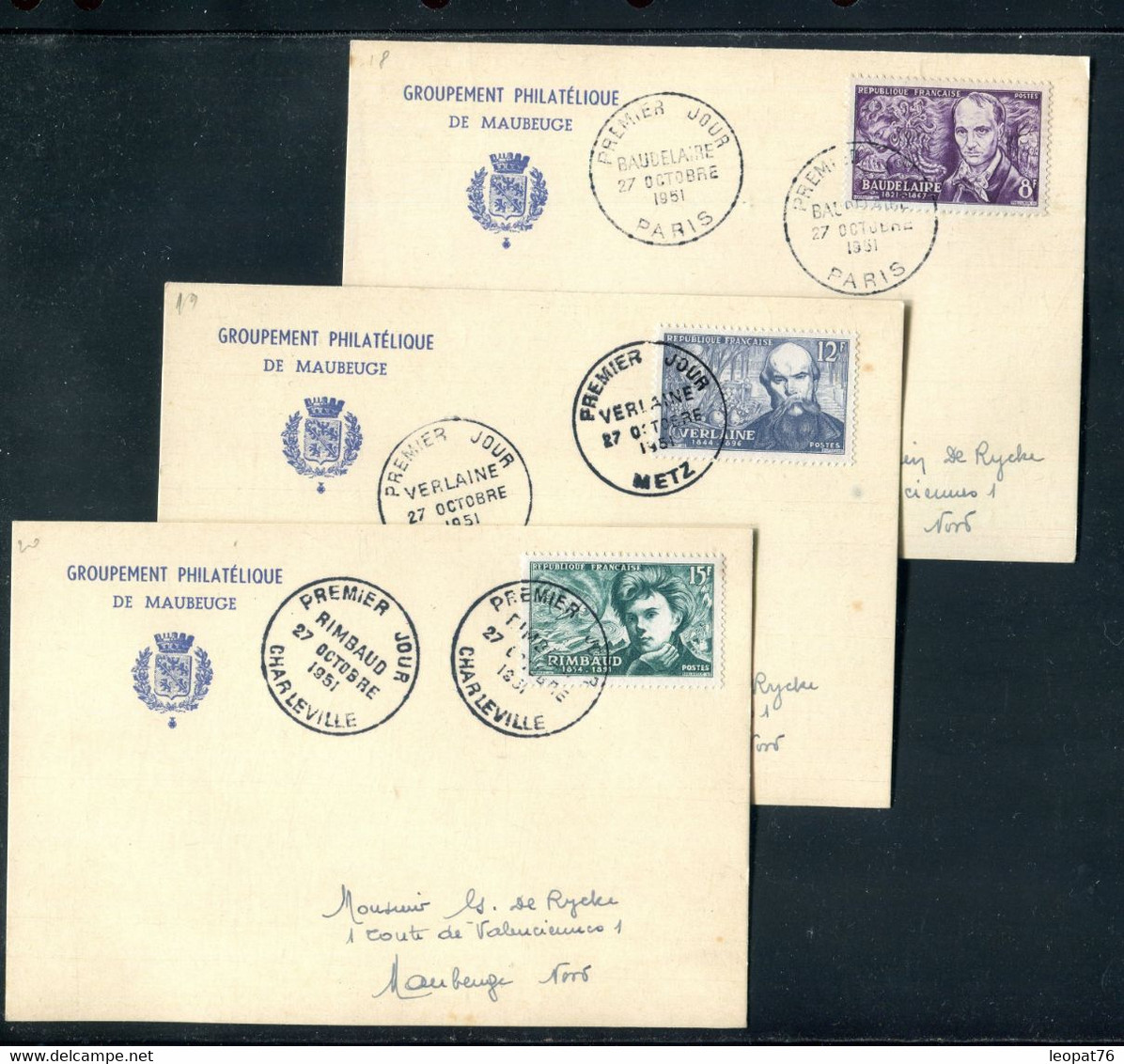 Oblitérations FDC En 1951 Sur 3 Cartes Non Illustrées  - Personnages Célèbres - D 269 - 1950-1959