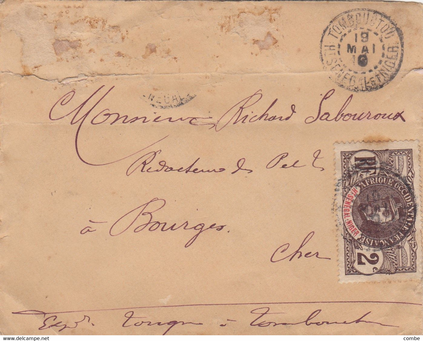 LETTRE. HAUT-SENEGAL ET NIGER. 1910. TOMBOUCTOU. 3c. POUR BOURGES PAR KAYES. 1 TIMBRE AU VERSO - Cartas & Documentos