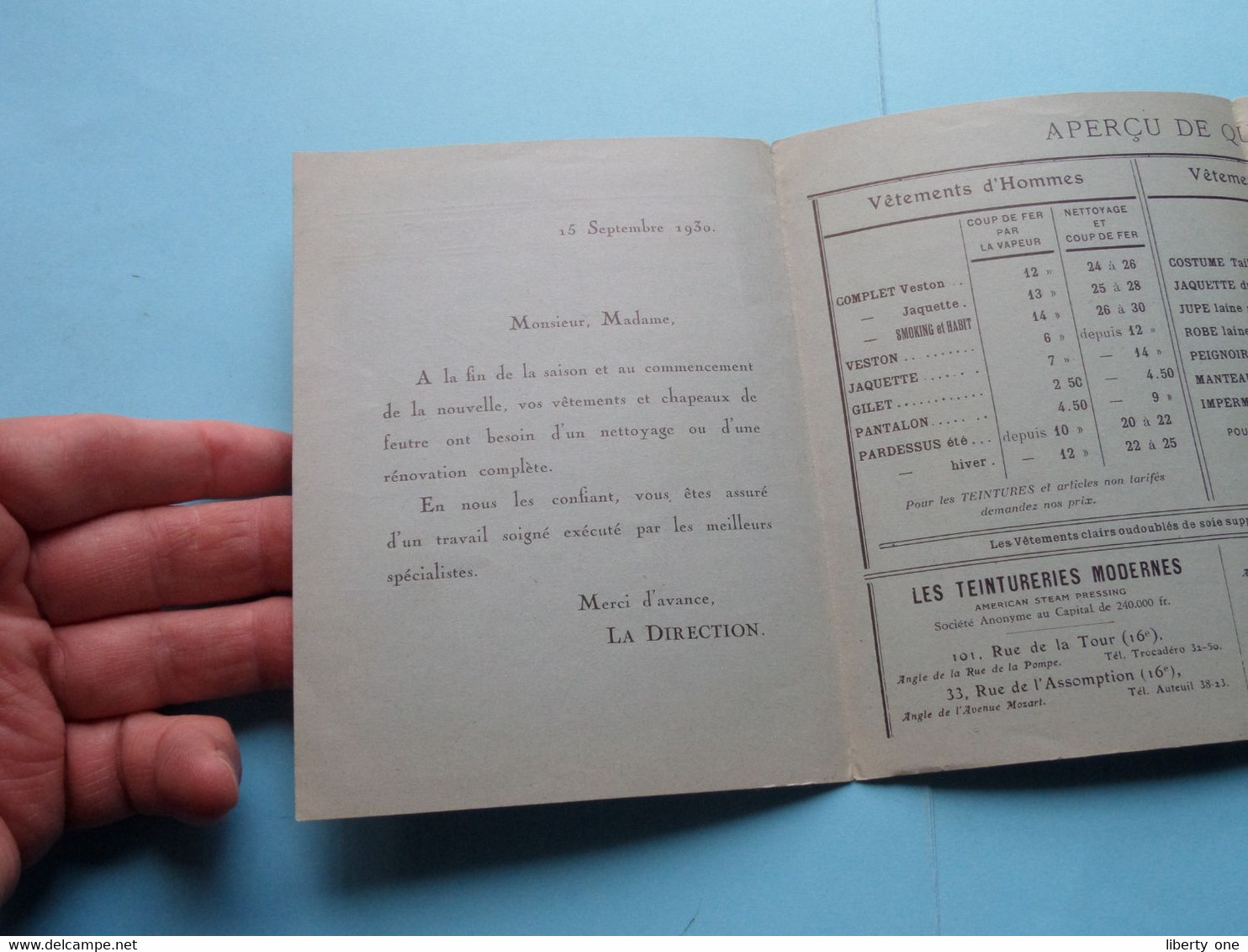 AMERICAN STEAM PRESSING Rue Jouffroy 54 PARIS Tél Galvani 74-85 ( Voir Scan ) Dépliant Anno 1930 ! - Publicidad
