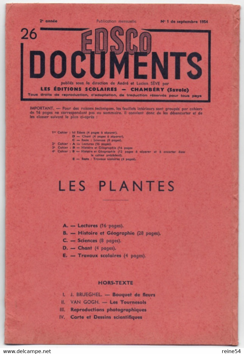 EDSCO DOCUMENTS- - LES PLANTES. N° 1 De Septembre 1954- 2e Année-Pochette N°26support Enseignants-Les Editions Scolaires - Fiches Didactiques